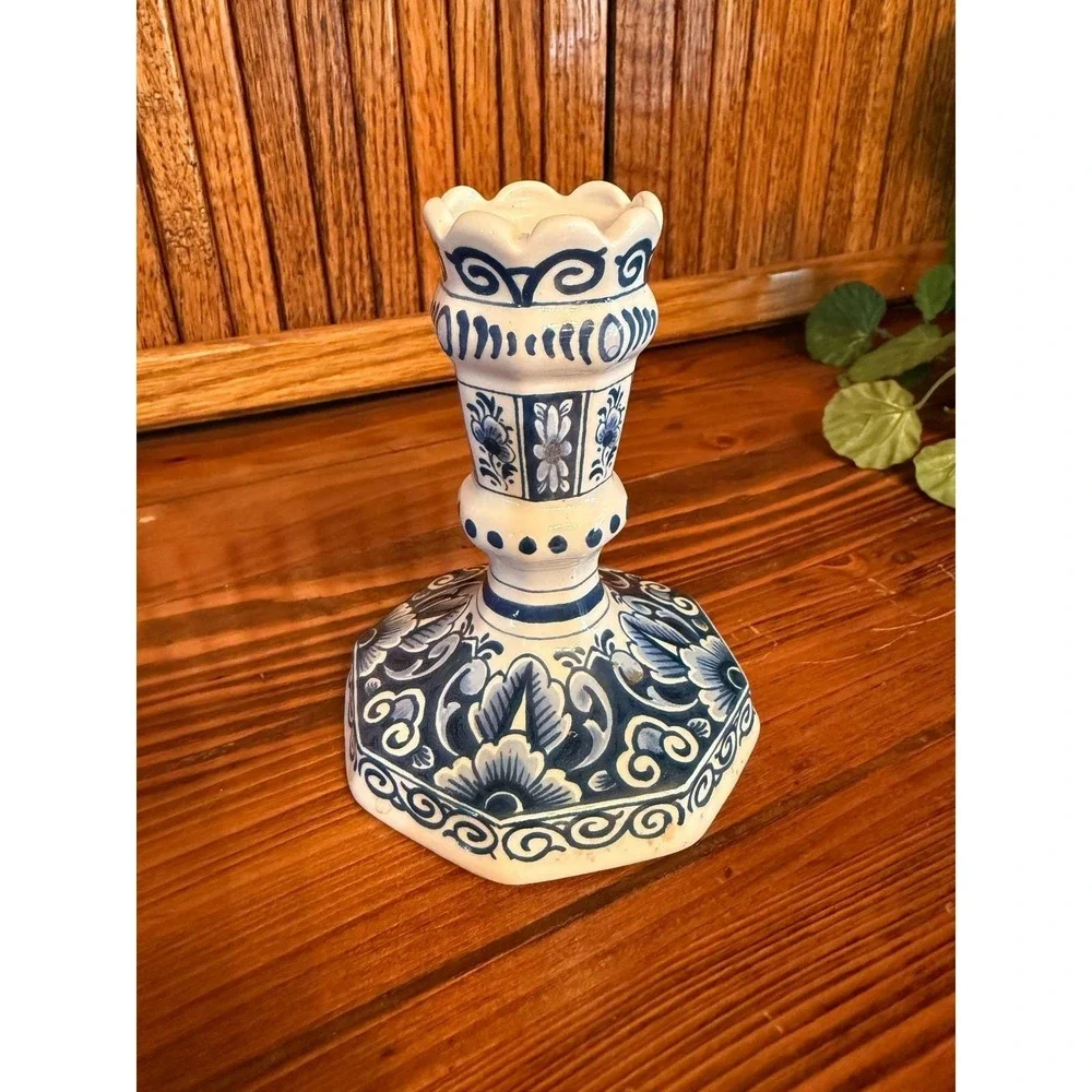 Delft Candlestick Holder 5.25in Blue Excellent Hand Painted Floral 834/1